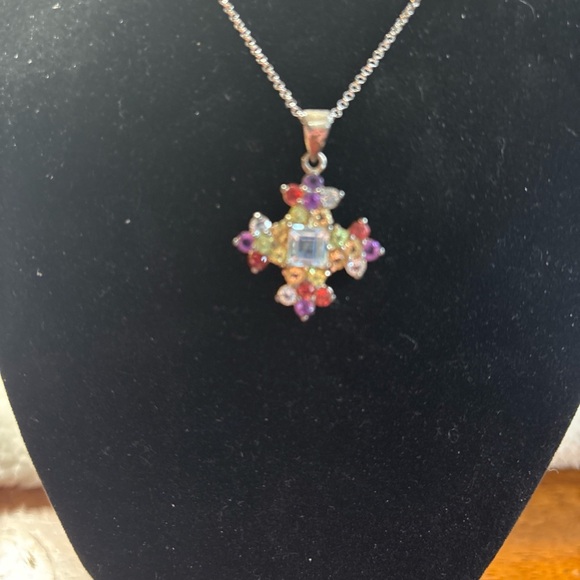 Sterling Silver Multi Color Gemstones Pendant Cross 18in Chain